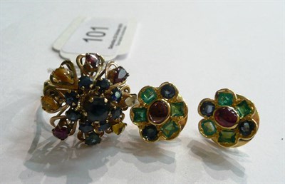 Lot 101 - A pair of Indian earrings and a high set 18ct gem set ring