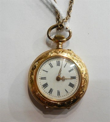 Lot 109 - A lady's fob watch stamped '18k' with a watch chain stamped to the clasp '9k'