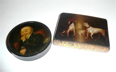 Lot 110 - A 19th century papier-mache snuff box painted with a gentleman snuff taker and a 19th century...