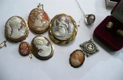 Lot 116 - Six cameo brooches, two pairs of earrings, pendant and a ring