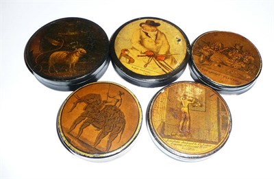 Lot 119 - Five 19th century papier-mache snuff boxes, one painted with a sheep and anchor by P Raven