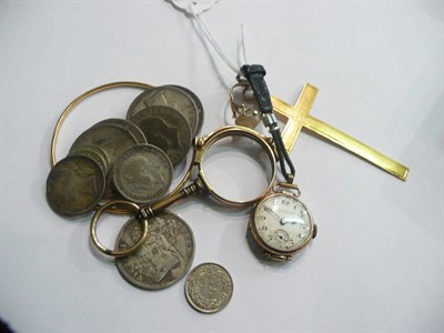 Lot 124 - A lady's 9ct gold-cased wristwatch, various coins, a 9ct gold cameo ring, a bangle, a lorgnette and