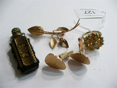 Lot 127 - A pair of 9ct cufflinks, a 9ct turquoise and seed pearl ring, a 9ct gold leaf brooch and a gilt...