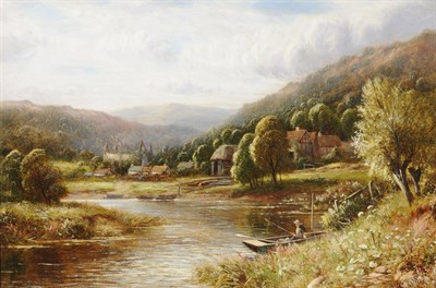 Lot 842 - Robert John Hammond (fl.1879-1911) Scene on the River Wye, Tintern Abbey in the distance...