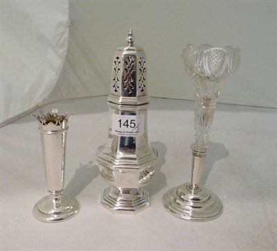 Lot 145 - A silver sugar caster, Birmingham 1960, a silver posy vase, Birmingham 1899 and a cut glass...