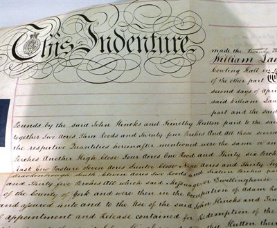 Lot 147 - 1837 Indenture - an agreement between William Lawson of Brough Park and John Hinks at Cowling Hall