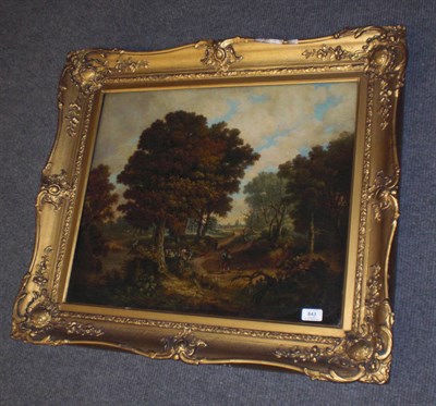 Lot 843 - English School (19th century) Figures on a Path in a Woodland Landscape, donkeys beside a pond...