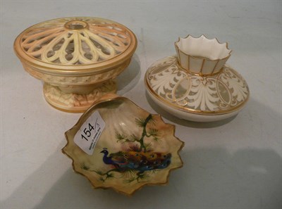 Lot 154 - A Locke & Co Worcester peacock-painted shell dish, a Locke & Co Worcester pot pourri vase and a...