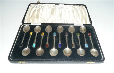 Lot 155 - Cased set of silver and enamel teaspoons