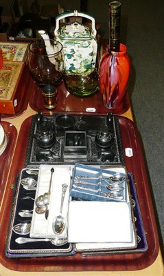 Lot 191 - Quantity of brass , silver plate, desk set, mantel clock, etc