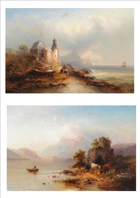 Lot 848 - J"¦Krause (19th century) Coastal Scene with Fishermen beside a Boat, buildings and a castle in the