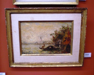 Lot 858 - Charles Cousin (19th/20th century) French Venetian Lagoon with a Figure on a Gondola, Fishing Boats