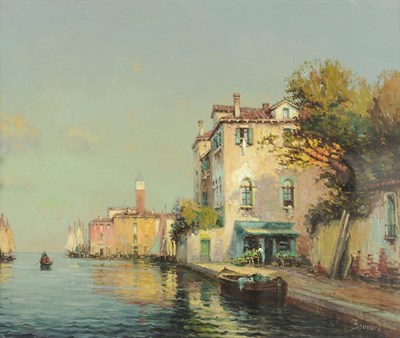 Lot 861 - Antoine Bouvard Snr (1870-1956) French Venetian Canal Scene with Figures seated outside a...