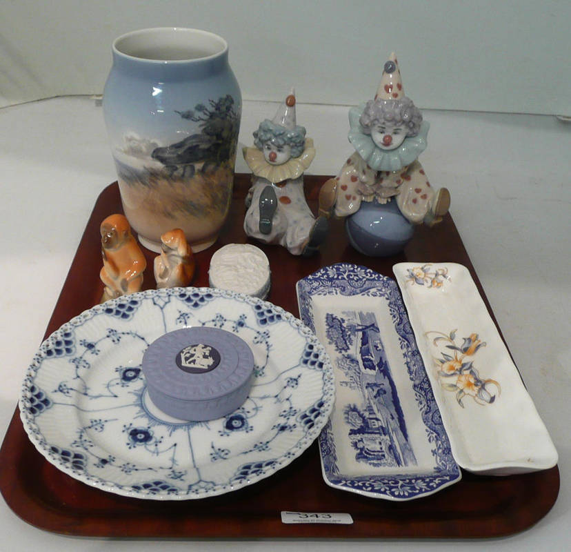 Lot 343 - Royal Copenhagen vase, two Lladro clowns, two USSR monkey figures and a trinket box, etc