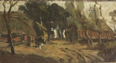 Lot 863 - Dutch School (20th century) Drover and a Cow beside a Barn, trees nearby Indistinctly signed...