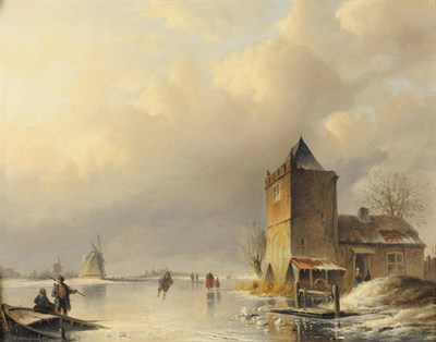 Lot 866 - Circle of Petrus Gerardus Vertin (19th century) Dutch Frozen River Landscape with Figures...