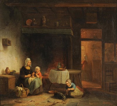 Lot 875 - August de Wilde (1819-1886) Belgian Cottage Interior, a Mother and Children beside a Fireplace...