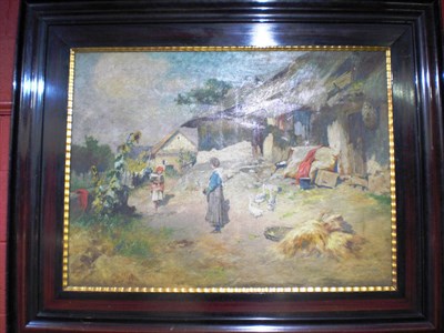 Lot 881 - Italian School (20th century) Farmyard Scene with a Mother, Child and Geese beside a Wooden...