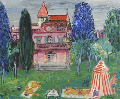 Lot 883 - Carlos Nadal (1917-1998) "Vacanses", figures sunbathing in the garden of a chateau Signed and dated