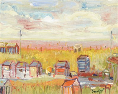 Lot 884 - Carlos Nadal (1917-1998) "Blankenberge", coastal scene with bathing huts Signed and dated...