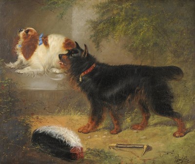 Lot 908 - Edward Armfield (1817-1896) Terrier and a King Charles Spaniel beside a Wall Signed, oil on canvas