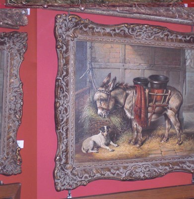 Lot 911 - Edward Lloyd (fl.1846-d.1891) Stable Interior with a Donkey and Jack Russell Inscribed with the...