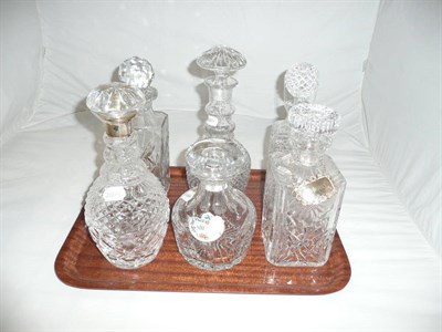 Lot 2 - Six various glass decanters, one silver-mounted, and two silver decanter labels and another...