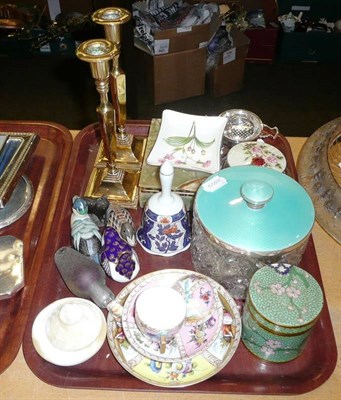 Lot 10 - Brass candlesticks, silver and enamel cut glass bowl, silver strainer on hoof feet, etc