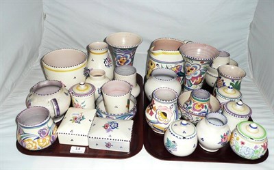 Lot 14 - Assorted Poole pottery jugs, vases and other items on two trays