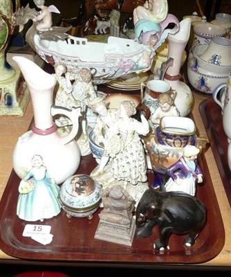 Lot 15 - Dresden centrepiece, pair of bisque figures, Doulton figure and a quantity of ceramics, etc on...