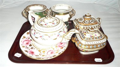 Lot 24 - Two Davenport rose decorated plates, Bloor Derby teapot and cover, two Spode twin handled vases...