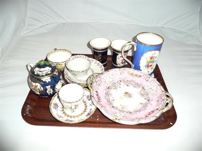 Lot 35 - Davenport pink ground plate, blue ground mug with floral decoration, two 19th century spill...