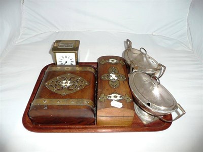 Lot 37 - Pair of Old Sheffield oval sauce tureens and covers, two hinged boxes with brass strapwork and...