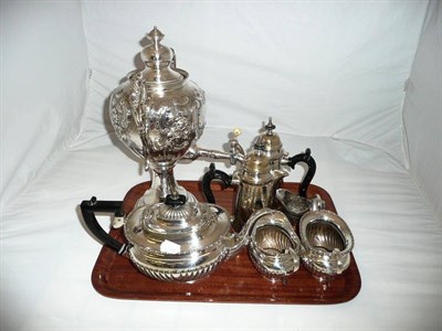 Lot 40 - A Victorian two-handled tea urn, a plated three piece tea service, a pair of plated...