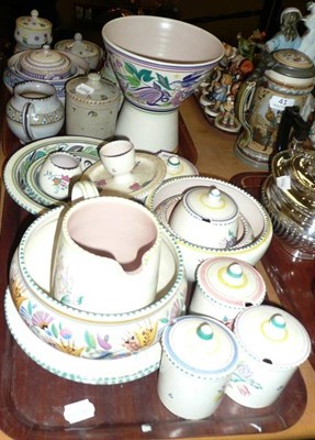 Lot 43 - Two trays of assorted Poole pottery including vases, preserve jars, jugs etc