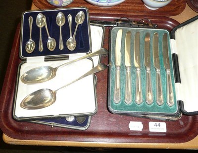 Lot 44 - Two cased sets of silver teaspoons, two cased sets of fruit knives, pair of lorgnettes, two...