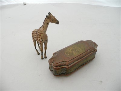 Lot 56 - Copper and brass hinged tobacco box and bronze cold painted giraffe (2)