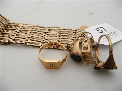 Lot 57 - Gold gate link bracelet, two signet rings, and three other rings