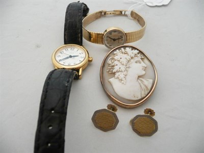 Lot 63 - 9 carat gold ladies' Centaur wristwatch, cameo brooch, Coach wristwatch and pair of screw-on studs