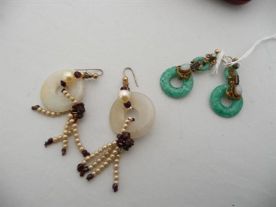 Lot 77 - A pair of pearl, garnet and jade drop earrings and a pair of opal and enamel drop earrings