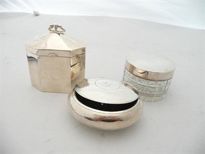 Lot 84 - Miniature silver hinged tea caddy, circular snuff box and silver-mounted cut glass jar (3)