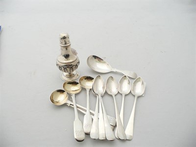 Lot 85 - Silver caster, caddy spoon, set of four salt spoons and a 19th century Continental coffee spoons