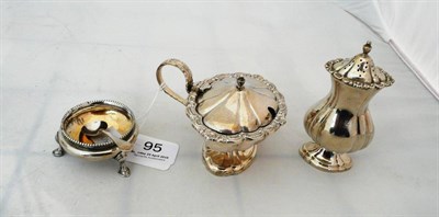 Lot 95 - A Victorian silver cauldron salt cellar, London 1881, silver pepperette and mustard pot, Birmingham