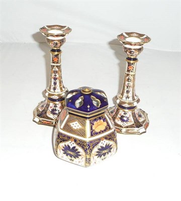 Lot 98 - Pair of Royal Crown Derby candlesticks and pot pourri vase and cover (3)