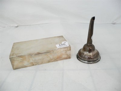 Lot 105 - Silver cigarette box and a plated funnel