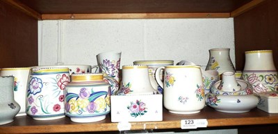 Lot 123 - Shelf of assorted Poole pottery vases, bowls, jugs etc