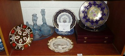 Lot 127 - A 1920's blue opaque moulded glass dressing table set - Nyphen, two cased Caverswall plates -...