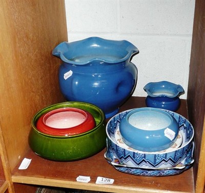 Lot 128 - Bretby blue glaze jardiniere, four Bretby bowls, Bunnykins bowl and two pieces of Losolware