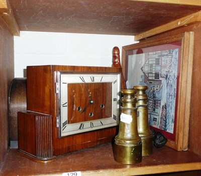 Lot 129 - An Art Deco walnut chiming mantel clock, two other mantel clocks, a pair of brass binoculars, a...