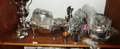 Lot 131 - Quantity of silver plate including breakfast dishes and a spirit kettle, etc